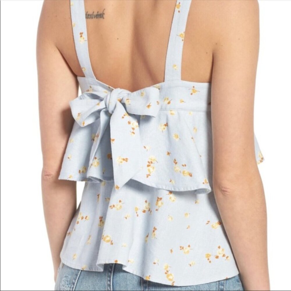 BP Light Blue Ruffle Floral Bow Back Tank Top
